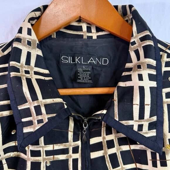 100% Silk Zip-Up Blouse Women's Large Abstract Black/Beige Print Vintage - Picture 4 of 9